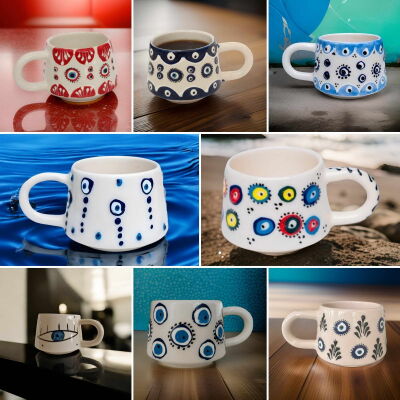 200 Adet Karışık Nazar Desenli El İşi Toptan Seramik Kupa Bardak Mug - 1