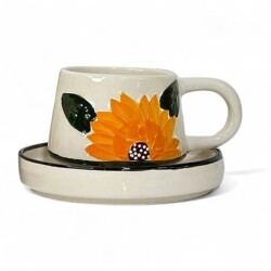 Ayçiçeği Desenli Klasik Kazan Seramik Tabaklı Kupa Bardak Mug - 1