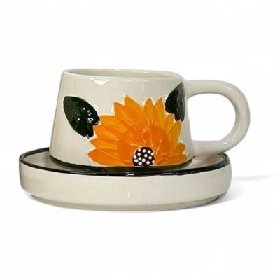 Ayçiçeği Desenli Klasik Kazan Seramik Tabaklı Kupa Bardak Mug - 1