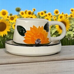 Ayçiçeği Desenli Klasik Kazan Seramik Tabaklı Kupa Bardak Mug - 2
