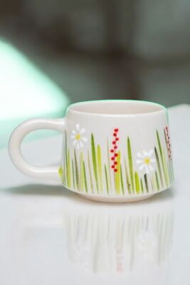 İlbay El İşi Seramik Beyaz Papatya Kupa Bardak Mug - 17