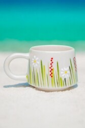 İlbay El İşi Seramik Beyaz Papatya Kupa Bardak Mug - 8