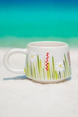İlbay El İşi Seramik Beyaz Papatya Kupa Bardak Mug - 8