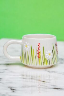 İlbay El İşi Seramik Beyaz Papatya Kupa Bardak Mug - 6