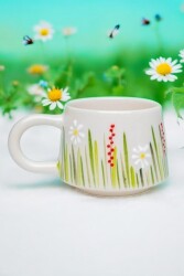 İlbay El İşi Seramik Beyaz Papatya Kupa Bardak Mug - 2