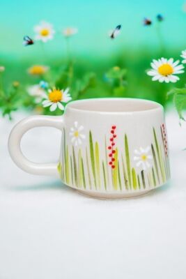 İlbay El İşi Seramik Beyaz Papatya Kupa Bardak Mug - 2