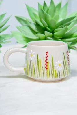 İlbay El İşi Seramik Beyaz Papatya Kupa Bardak Mug - 12