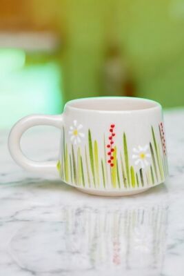 İlbay El İşi Seramik Beyaz Papatya Kupa Bardak Mug - 14
