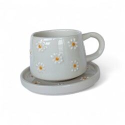 Çayır Papatya Desenli Klasik Kazan Tipi Tabaklı Kupa Bardak Mug - 1