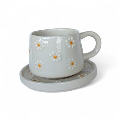Çayır Papatya Desenli Klasik Kazan Tipi Tabaklı Kupa Bardak Mug - 1