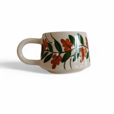 El İşi Klasik Kahverengi Üzüm Bağı Desenli Seramik Kupa Bardak Mug - 1