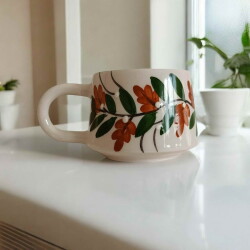 El İşi Klasik Kahverengi Üzüm Bağı Desenli Seramik Kupa Bardak Mug - 2