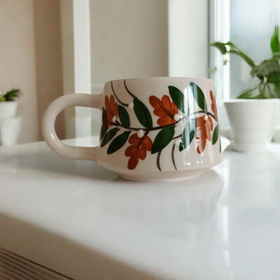 El İşi Klasik Kahverengi Üzüm Bağı Desenli Seramik Kupa Bardak Mug - 2