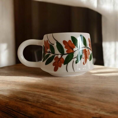 El İşi Klasik Kahverengi Üzüm Bağı Desenli Seramik Kupa Bardak Mug - 3