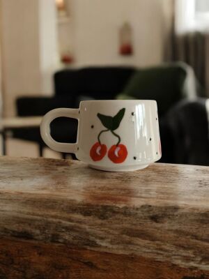 El İşi Klasik Kiraz Desenli Seramik Kupa Bardak Mug - 3