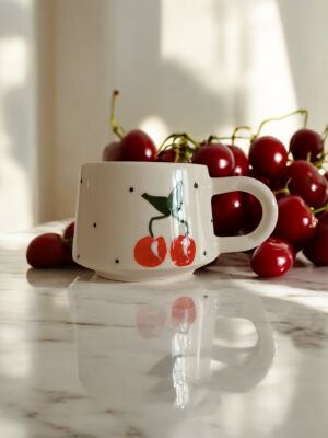 El İşi Klasik Kiraz Desenli Seramik Kupa Bardak Mug - 5