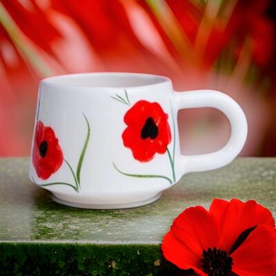 El İşi Klasik Kırmızı Gelincik Desenli Seramik Kupa Bardak Mug - 2