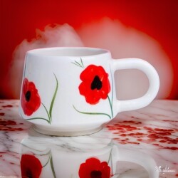 El İşi Klasik Kırmızı Gelincik Desenli Seramik Kupa Bardak Mug - 3