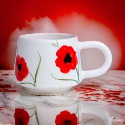 El İşi Klasik Kırmızı Gelincik Desenli Seramik Kupa Bardak Mug - 3