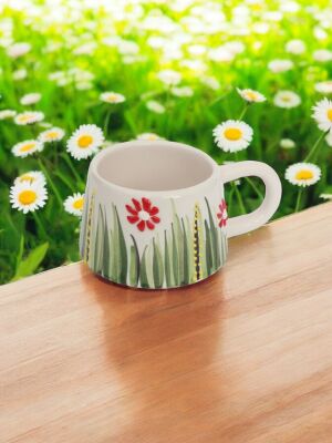 El İşi Klasik Kırmızı Papatya Desenli Seramik Kupa Bardak Mug - 3