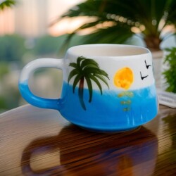 El İşi Klasik Palmiye Desenli Seramik Kupa Bardak Mug - 4