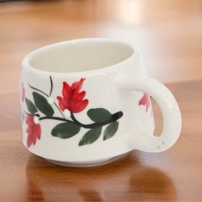El İşi Klasik Kırmızı Üzüm Bağı Desenli Seramik Kupa Bardak Mug - 3