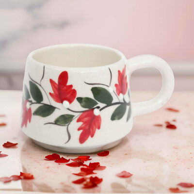 El İşi Klasik Kırmızı Üzüm Bağı Desenli Seramik Kupa Bardak Mug - 4
