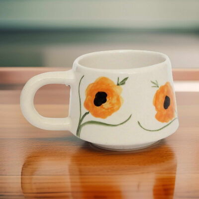 El İşi Klasik Sarı Gelincik Desenli Seramik Kupa Bardak Mug - 2