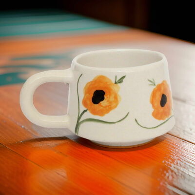 El İşi Klasik Sarı Gelincik Desenli Seramik Kupa Bardak Mug - 3