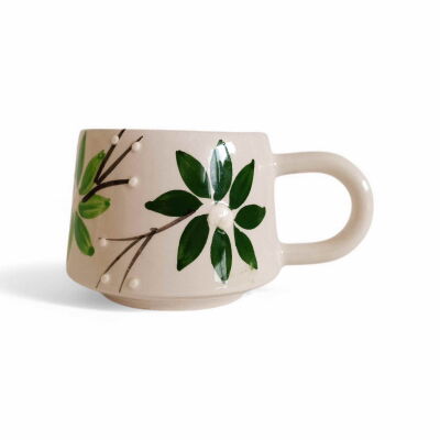 El İşi Klasik Yeşil Zambak Desenli Seramik Kupa Bardak Mug - 1