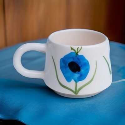 El İşi Mavi Gelincik Desenli Klasik Seramik Kupa Bardak Mug - 3
