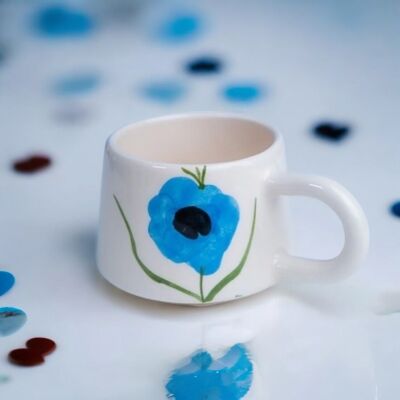 El İşi Mavi Gelincik Desenli Klasik Seramik Kupa Bardak Mug - 2