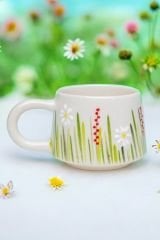 El İşi Seramik Beyaz Papatya Kupa Bardak Mug Beyaz