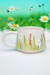 El İşi Seramik Beyaz Papatya Kupa Bardak Mug Beyaz