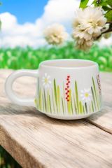 El İşi Seramik Beyaz Papatya Kupa Bardak Mug Beyaz
