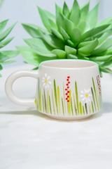 El İşi Seramik Beyaz Papatya Kupa Bardak Mug Beyaz
