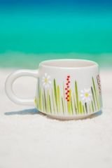 El İşi Seramik Beyaz Papatya Kupa Bardak Mug Beyaz