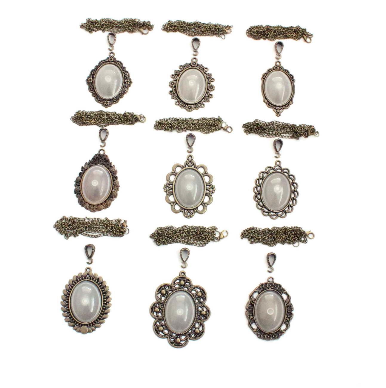 Set 112: Antik Sarı Renkli 26-34 mm Zincirli 9 lu Oval Metal Kolye Aksesuarları Seti