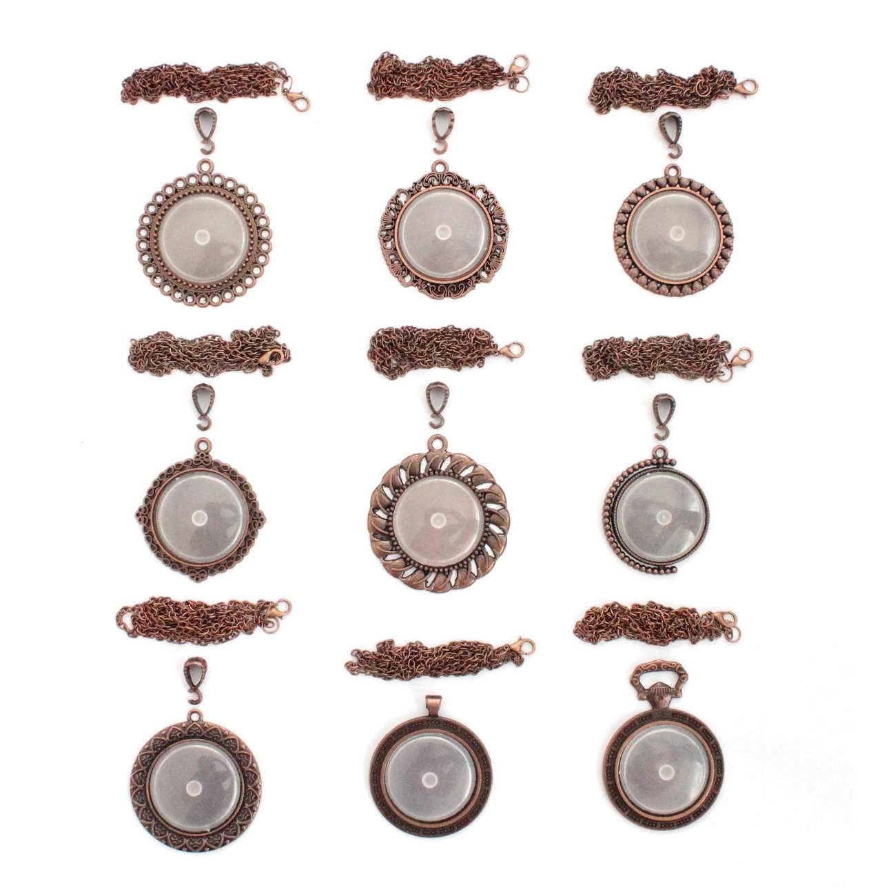 Set 107: Bakır Renk 33 mm Zincirli Yuvarlak 9 lu Metal Kolye Malzemeleri Seti