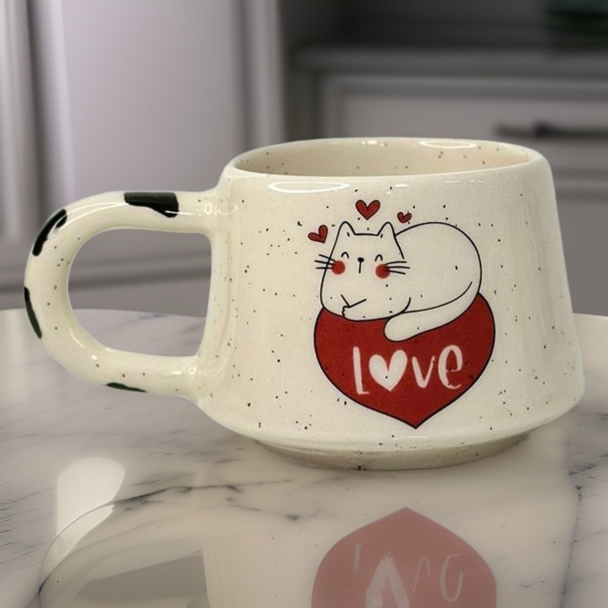 İlbay Seramik Kupa Bardak Klasik Kalpli Kedi