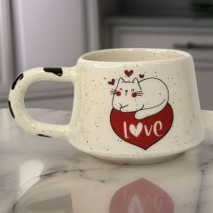 İlbay Seramik Kupa Bardak Klasik Kalpli Kedi