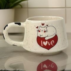İlbay Seramik Kupa Bardak Klasik Kalpli Kedi