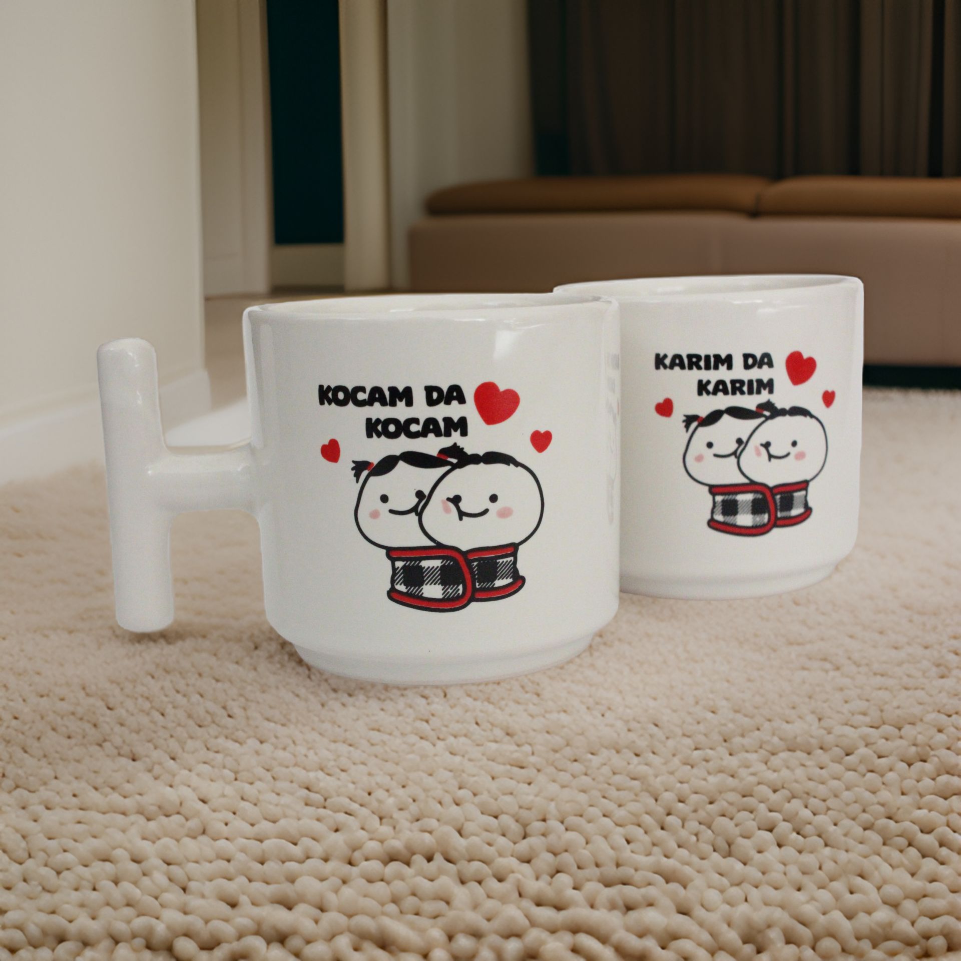 İlbay Seramik  Kupa Bardak 2 li Tabaklı T Kulp Battaniyeli Karım da Karım Kocam da Kocam