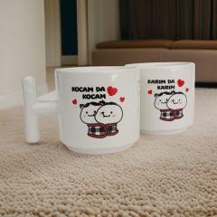 İlbay Seramik  Kupa Bardak 2 li Tabaklı T Kulp Battaniyeli Karım da Karım Kocam da Kocam