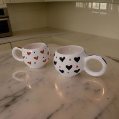 İlbay Seramik Ece Kırmızı Siyah Kalp 2 li Kupa Bardak Takımı