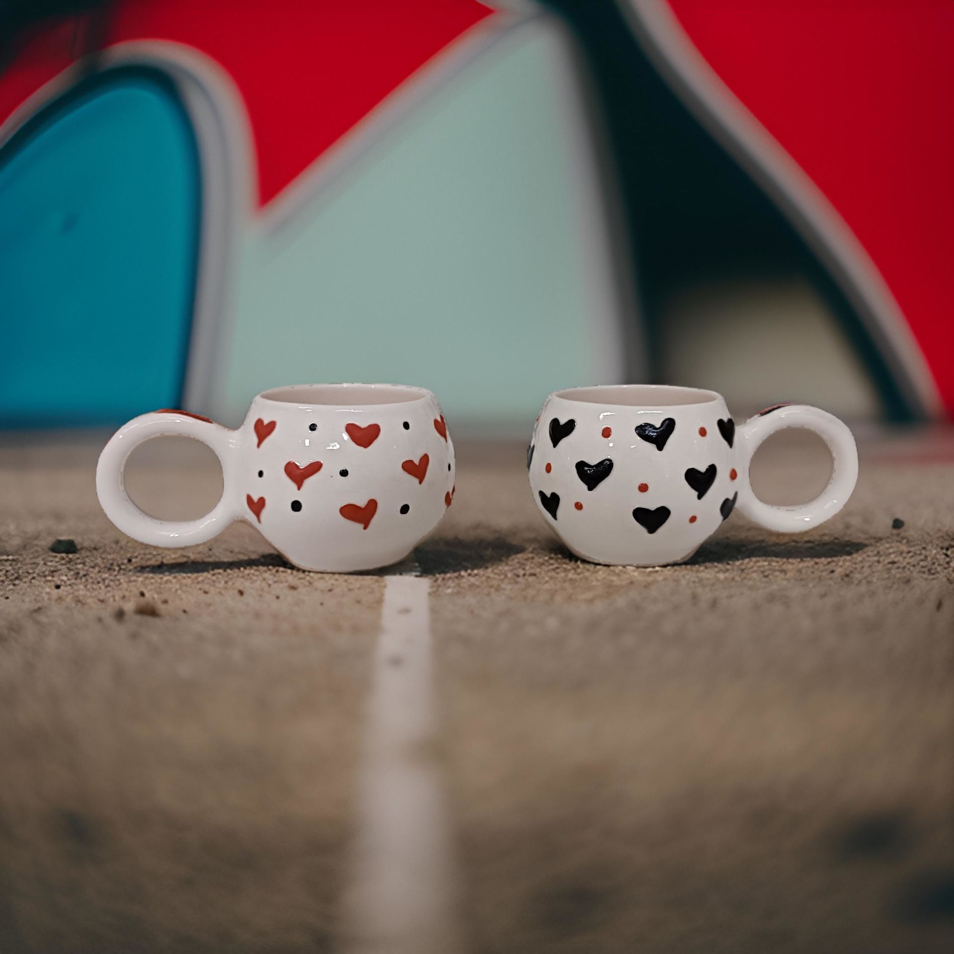 İlbay Seramik Ece Kırmızı Siyah Kalp 2 li Kupa Bardak Takımı