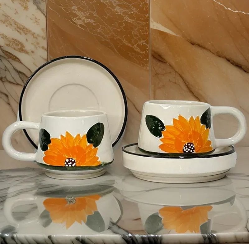 İlbay Seramik Kupa Bardak Klasik Ayçiçeği 2 li Tabaklı Kupa Takımı