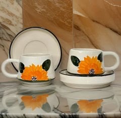 İlbay Seramik Kupa Bardak Klasik Ayçiçeği 2 li Tabaklı Kupa Takımı