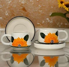 İlbay Seramik Kupa Bardak Klasik Ayçiçeği 2 li Tabaklı Kupa Takımı