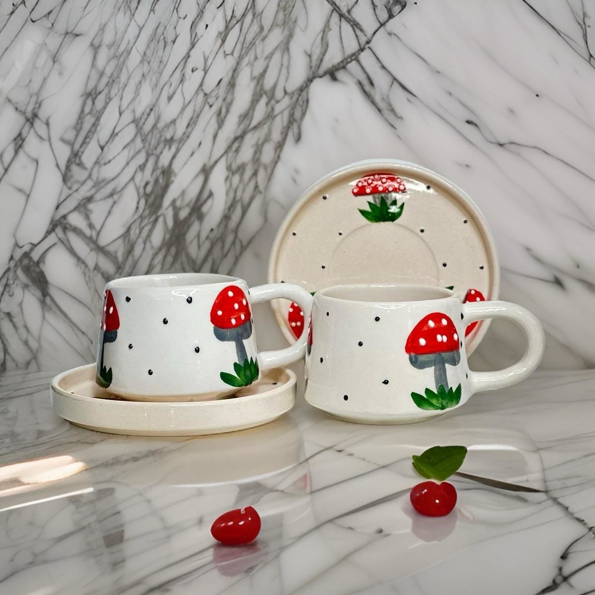 İlbay Seramik Kupa Bardak 2 li Tabaklı Klasik Mantar